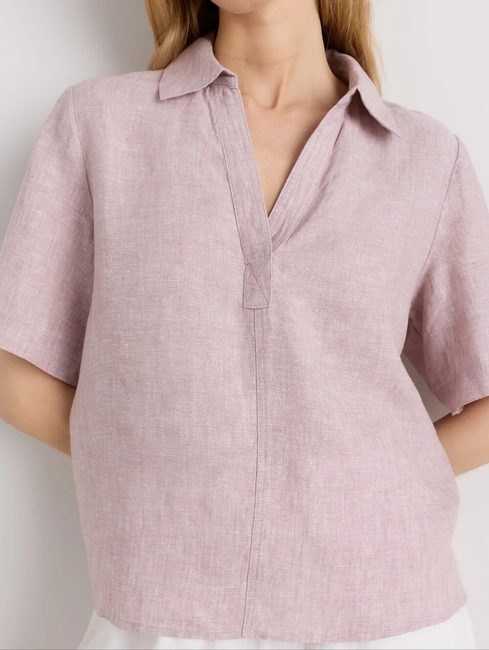 Quince | 100% European Linen Short Sleeve Popover Top In Vintage Pink Chambray - Picture 3 of 15